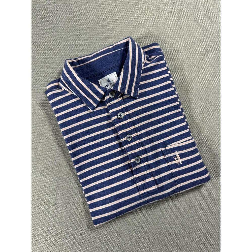 Johnnie-O Polo Shirt Mens Medium Blue Stripe Hangin' Out Pocket Stretch Knit - Picture 10 of 10